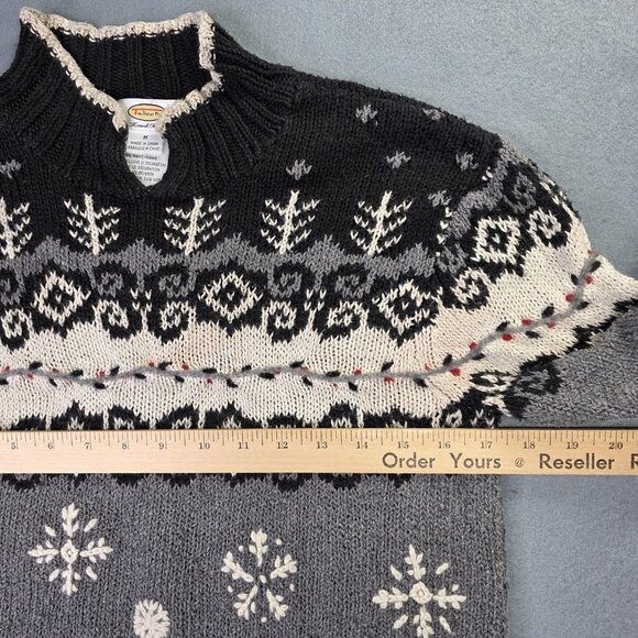 Talbots Sweater Women M Black Fair Isle Snowflake Handknit Linen Blend Mock Neck - Picture 9 of 12